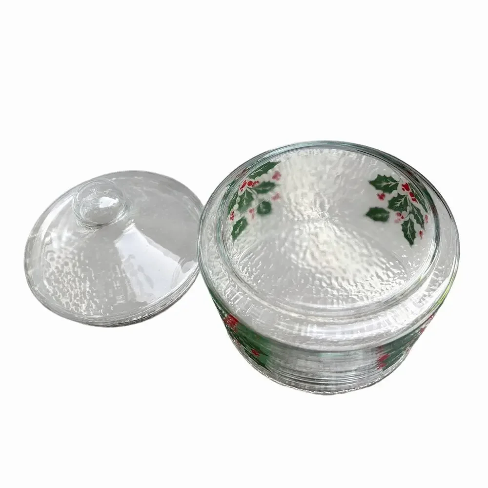 Vintage Christmas Candy Snack Glass Jar Holly & Berries Indiana Apothecary 1970s